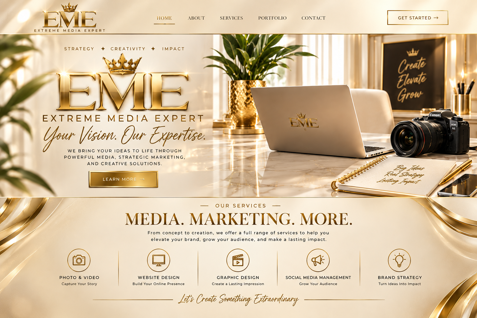 Extreme Media Expert luxury champagne and gold website design featuring media workspace and service offerings